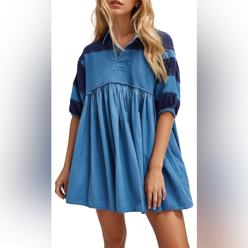 Women Patchwork Oversized Mini Dress Striped Colorblock Half Sleeve Collar Dress